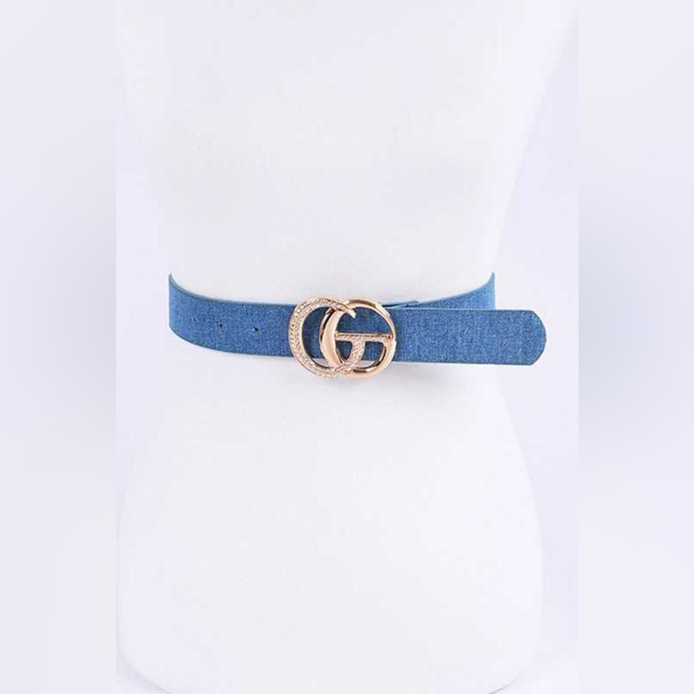 Blue Denim & Gold Rhinestone Logo Statement Belt
